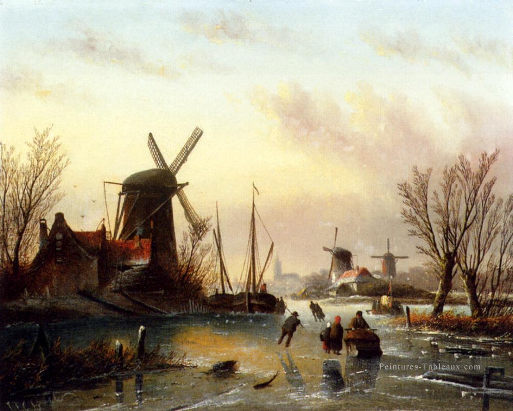 Une rivière gelée Paysage Bateaux Jan Jacob Coenraad Spohler Peintures à l'huile